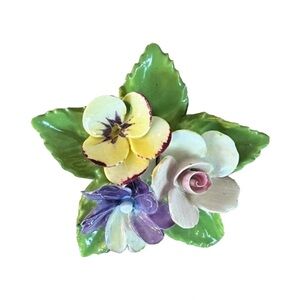 English Bone China Floral Brooch with Green Leaves